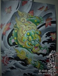 彩色唐狮枫叶纹身图案