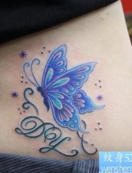 女性纹身图片：腰部华丽彩色蝴蝶纹身图案