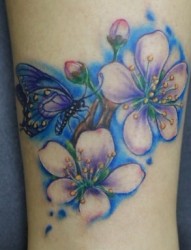女性纹身图片：腿部彩色花卉蝴蝶纹身图案