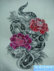 蛇与牡丹手稿纹身图片