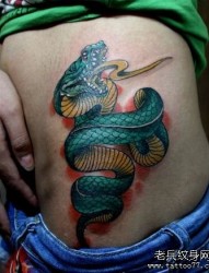 女孩子腹部一张彩色蛇纹身图片