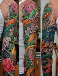 超帅漂亮的彩色花臂蛇纹身图片