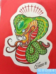 一张精美流行的彩色小蛇纹身手稿