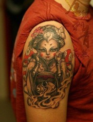 手臂流行经典的艺妓玩偶纹身图片