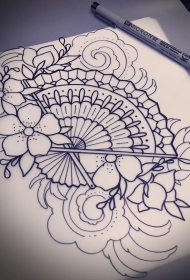 传统扇子樱花纹身图案手稿