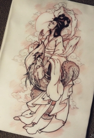 传统侍女乘龙纹身图案手稿
