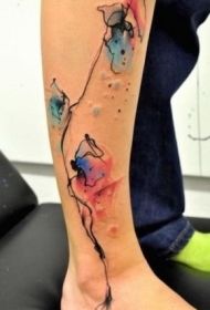 小腿线条彩色泼墨花朵纹身图案