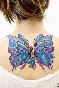 背部彩色泼墨蝴蝶和人像纹身图案