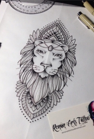欧美school梵花狮子点刺纹身图案手稿