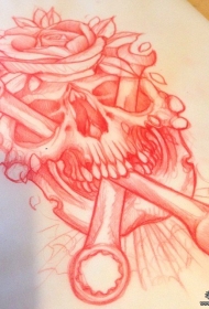 欧美骷髅花卉扳手纹身图案手稿