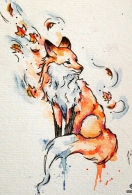 欧美泼墨彩色狐狸纹身图案手稿