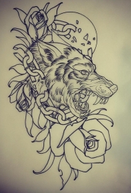 欧美school狼头玫瑰线条纹身图案手稿