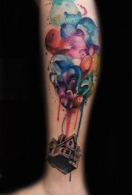 小腿气球彩色泼墨纹身图案