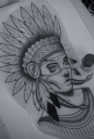 欧美印第安女郎纹身图案手稿