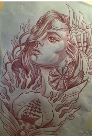 欧美school女郎帆船海螺纹身图案手稿