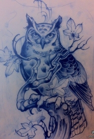 欧美猫头鹰树枝纹身图案手稿