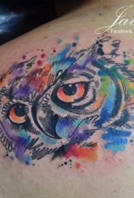 背部猫头鹰彩色泼墨纹身图案