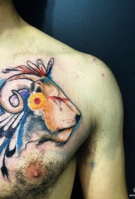 胸部印第安狮子羊角纹身图案