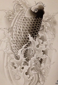 传统浪花鲤鱼跃出纹身图案手稿