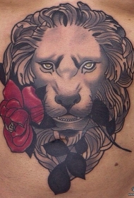 腹部欧美狮子玫瑰school纹身图案