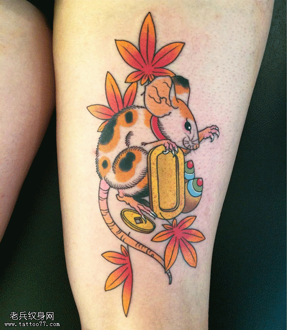 日式彩色传统老鼠和枫叶纹身图案