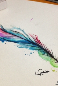 欧美泼墨彩绘美丽的羽毛纹身图案手稿
