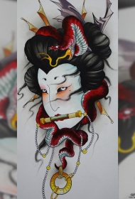 日式艺妓蛇彩色纹身图案手稿