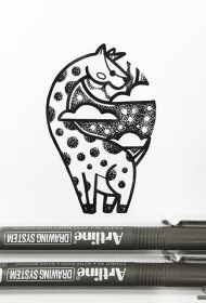 卡通长颈鹿星空纹身图案手稿
