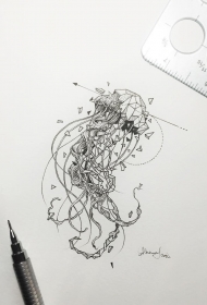 水母几何线条纹身图案手稿