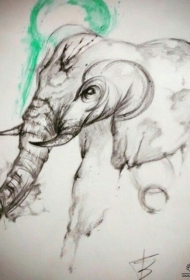 欧美黑灰素描大象纹身图案手稿