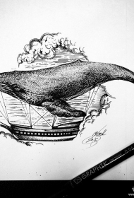 欧美点刺鲸鱼船纹身图案手稿