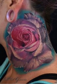 欧美女生脖子写实玫瑰tattoo纹身图案