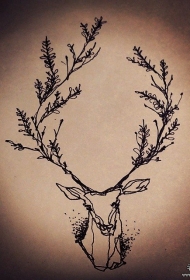 欧美麋鹿线条小清新纹身图案手稿