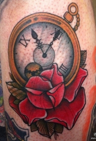 小腿欧美时钟玫瑰纹身图案