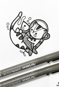 卡通猫潜水抓鱼纹身图案手稿
