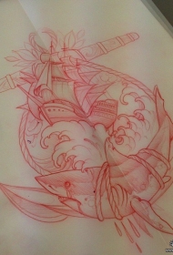 欧美school帆船鲨鱼纹身图案手稿