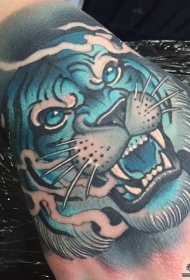 手背欧美school蓝色的老虎纹身图案