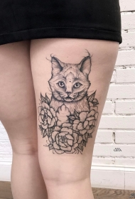 大腿性感欧美猫花卉纹身图案
