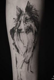 欧美小臂线条泼墨狗纹身图案