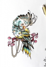 欧美school彩色鹦鹉纹身图案手稿