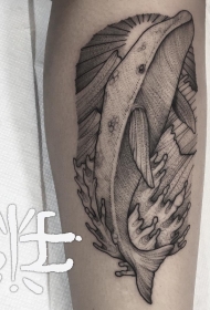 小腿欧美海豚风景点刺纹身图案