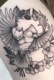 大腿性感欧美小鸟植物点刺纹身图案