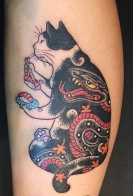 腿部日式纹身猫和蛇纹身图案