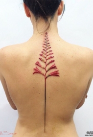 女性脊柱背部小清新树叶纹身图案