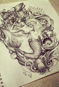 欧美黑灰school美人鱼海螺纹身图案手稿