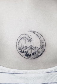 背部海浪月亮山脉点刺纹身图案