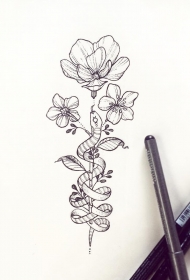 小清新蛇桃花纹身tattoo图案手稿