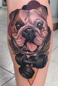 小腿school狗和哑铃纹身图案