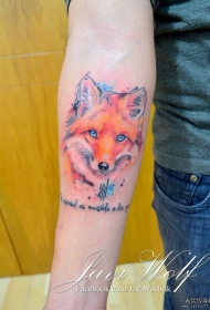 小臂彩色泼墨狐狸头纹身图案
