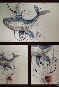 欧美泼墨鲸鱼纹身图案手稿